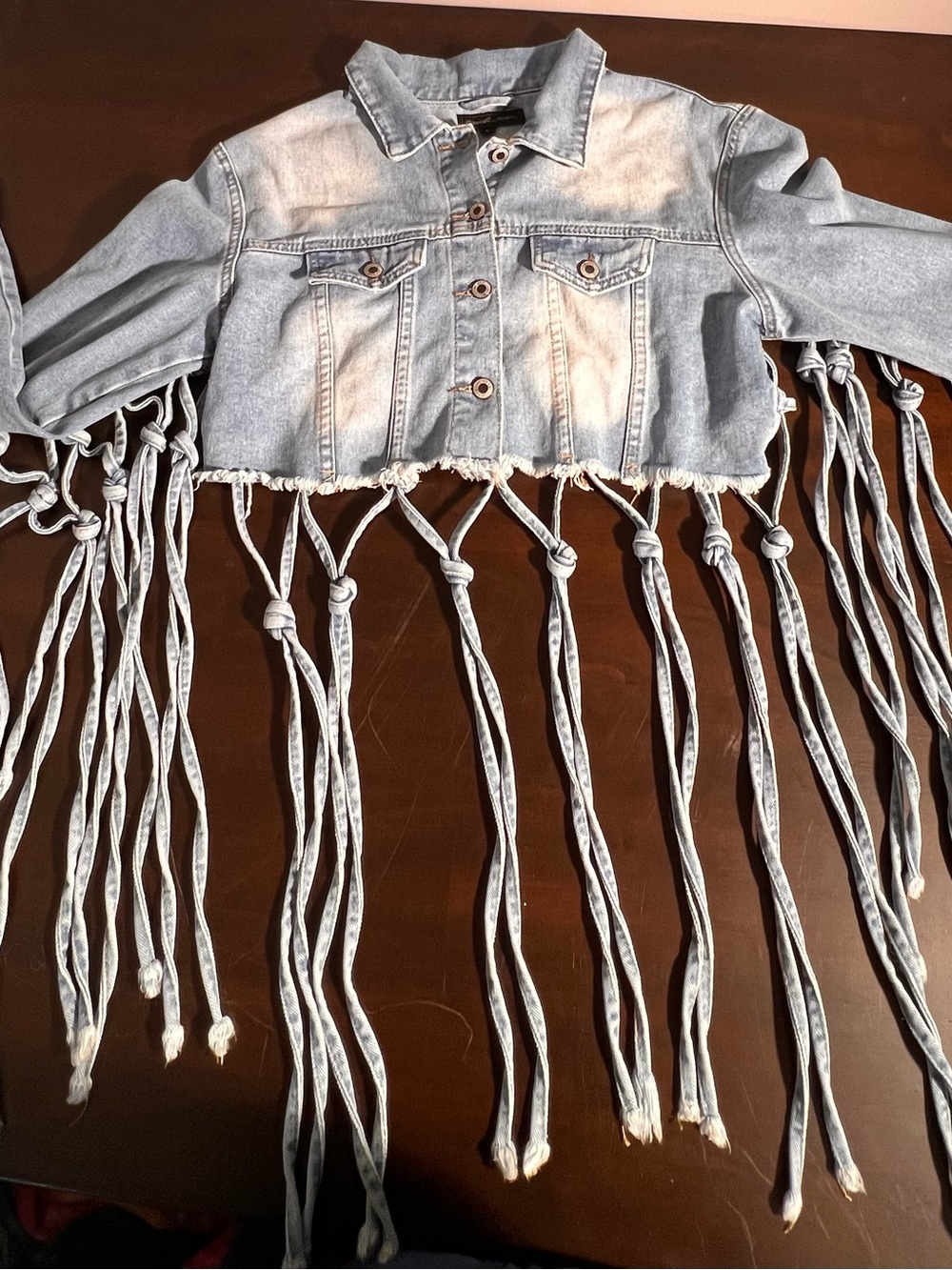 Touch Me Ladies Unique Light Denim Cropped Fringed Jacket Size L